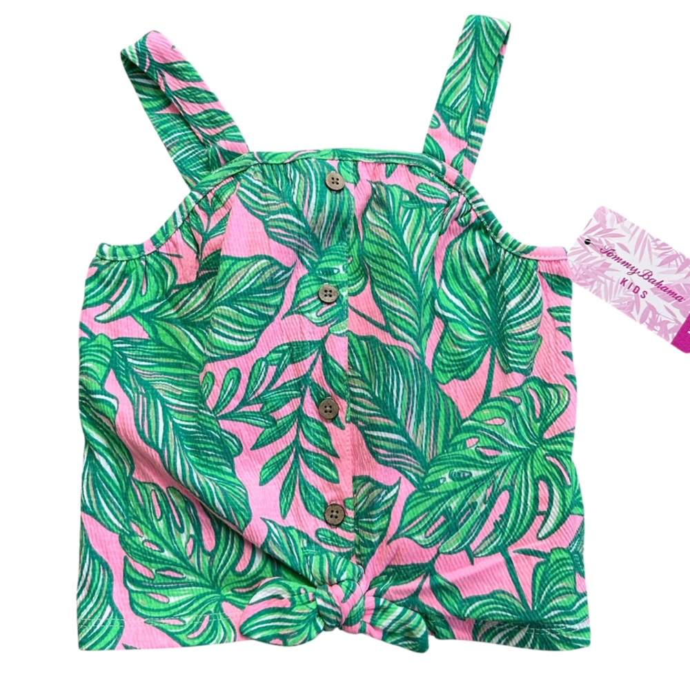 Tommy Bahama Kids Girl Pink and Green Leaf Print Crop Top Tank 🩷💚